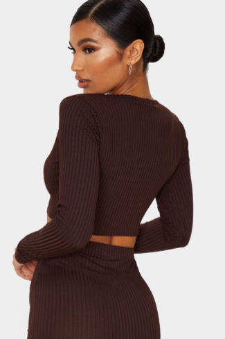 Brown Ribbed V Neck Long Sleeve Crop Top