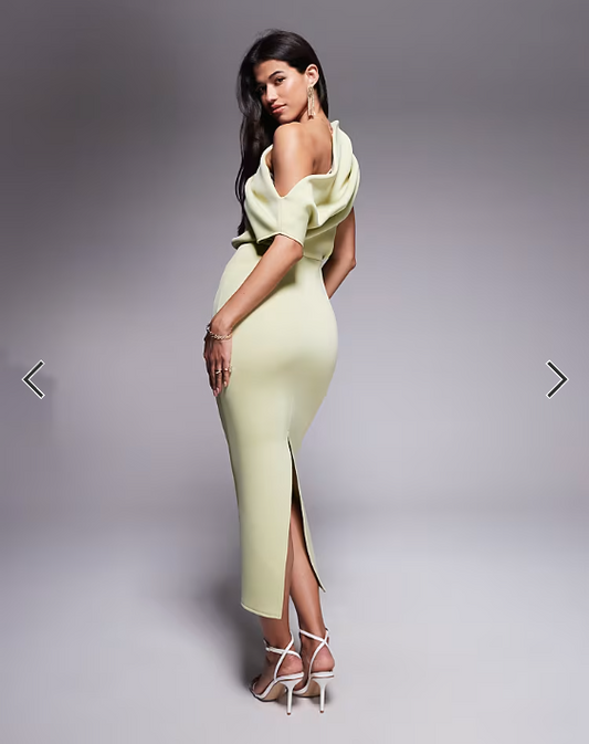 ASOS DESIGN dramatic neckline midi dress in sage green in scuba-style fabric