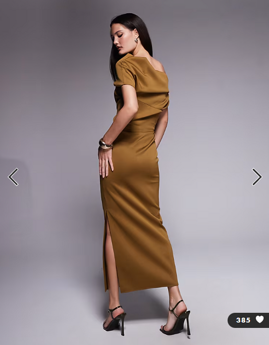 ASOS DESIGN structured midi dress with fallen shoulder in brown scuba-style fabric