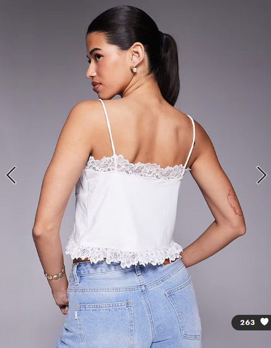 ASOS DESIGN slinky lace trim tie front top in white