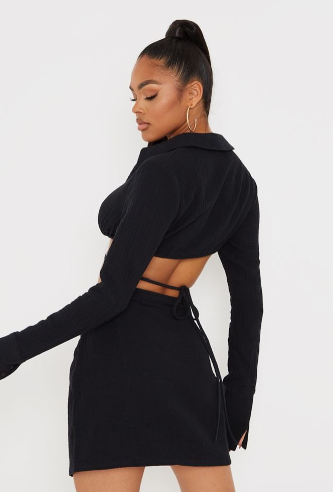 Black Waffle Tie Crop Top