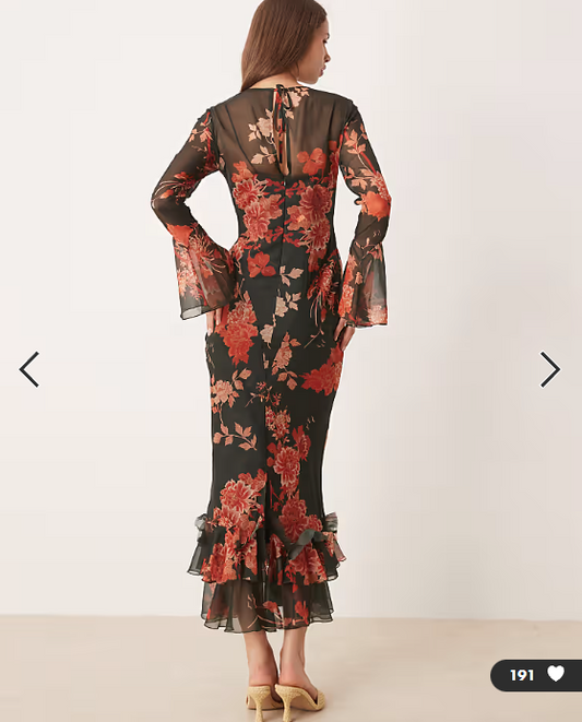 ASOS DESIGN flutter sleeve maxi dress with frill hem in black and red floral