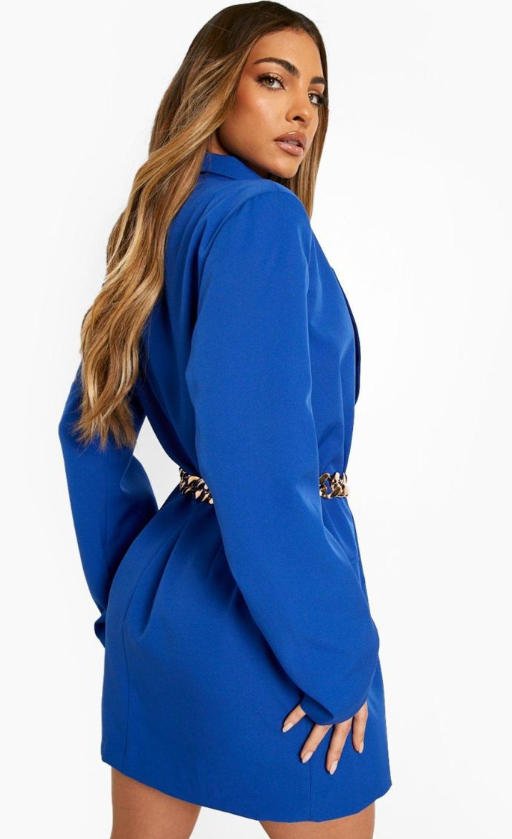 Chunky Chain Belted Blazer Dress - royal