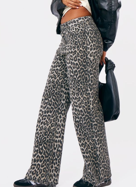 Brown Leopard Print Denim Wide Leg Denim Jean