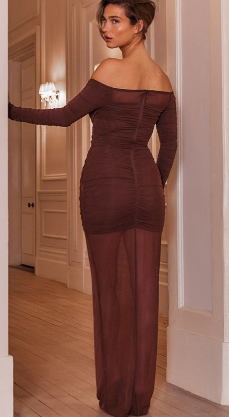 Chocolate Brown Mesh Bardot Layered Ruched Maxi Dress