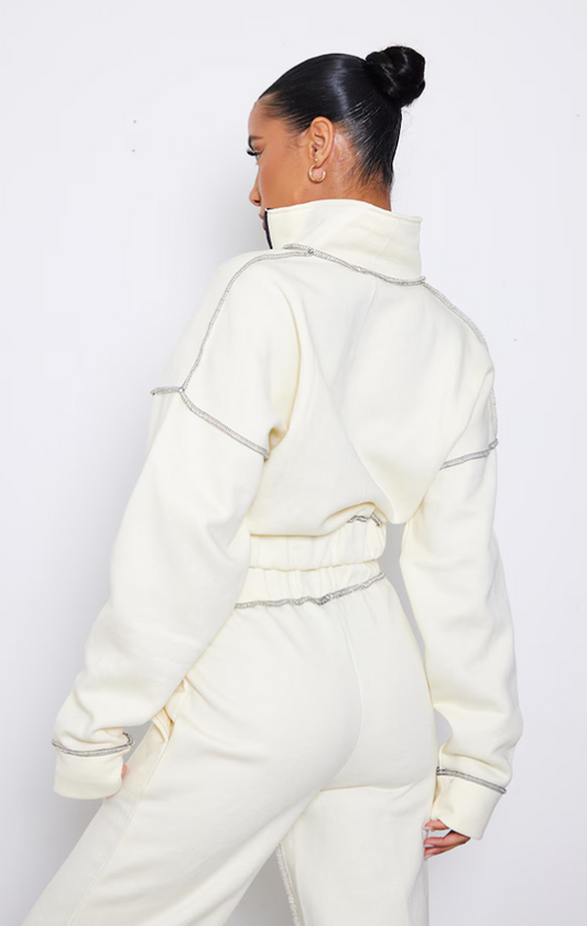 Cream Contrast Stitch Half Zip Cropped Sweat