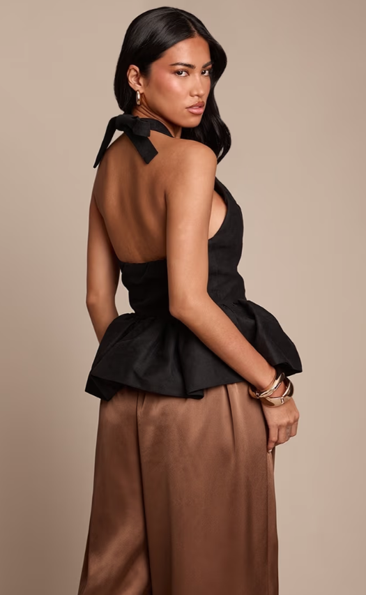 Prettylittlething Black Woven Halterneck Peplum Top