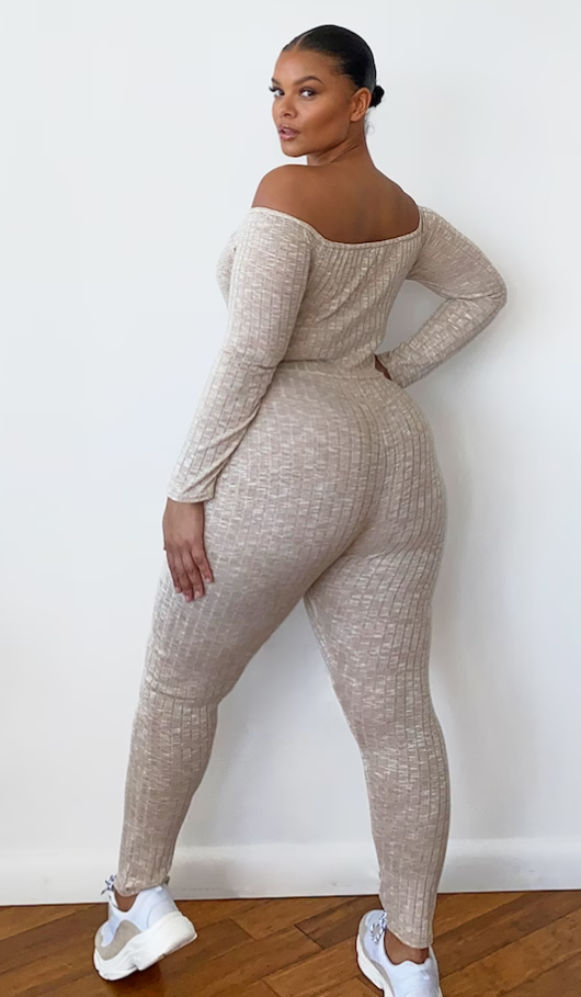 Plus Oatmeal Rib Knitted Bardot Jumpsuit