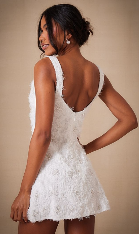 Premium White Sequin Embroidered Cowl Neck Shift Dress