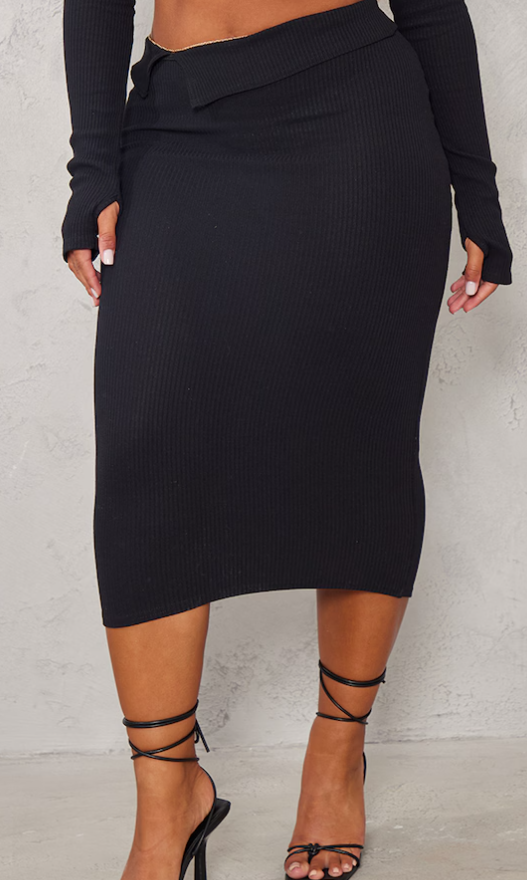 Shape Black Rib Fold Waist Midaxi Skirt