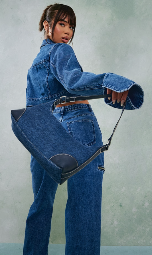 Mid Blue Wash Denim Cuff Detail Cropped Jacket