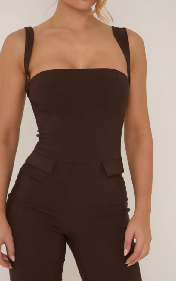 Square Neck Tailored Flared Jumpsuit In Chocolate Brown Woven