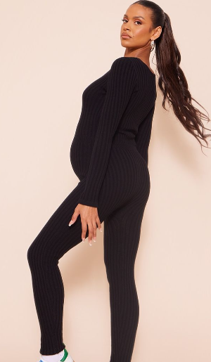 Maternity Black Long Sleeve Knitted Jumpsuit