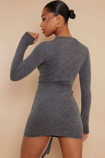 Charcoal Rib Wrap Tie Waist Bodycon Dress