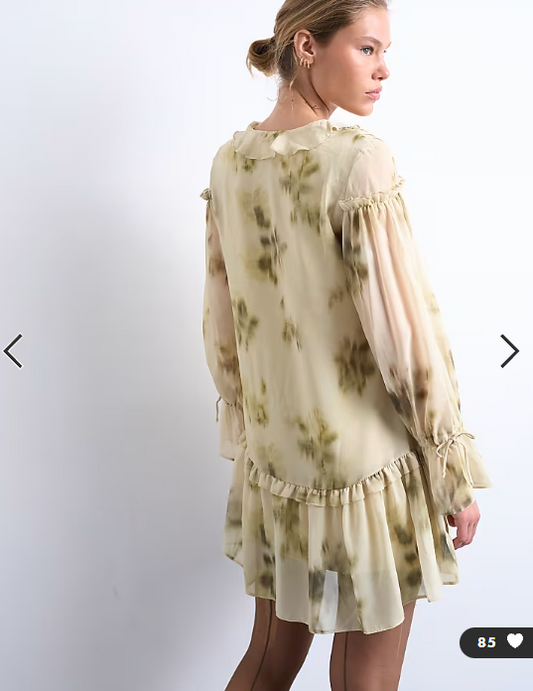 Topshop poet sleeve frill mini dress in green floral print