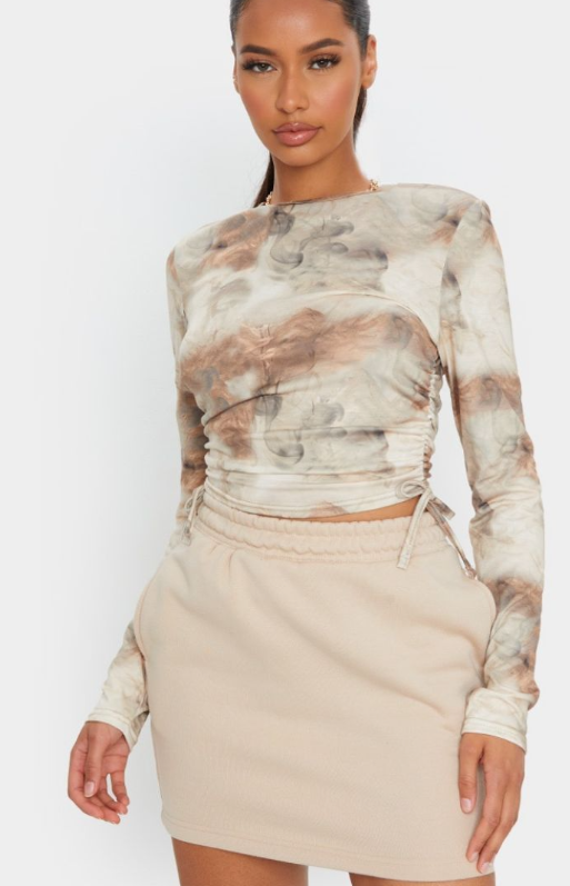 Beige Jersey Tie Ruched Side Long Sleeve Crop Top