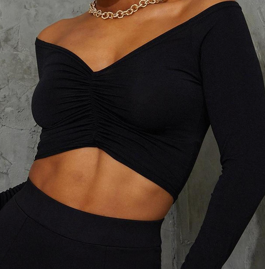 Black Slinky Ruched Front Long Sleeve Crop Top