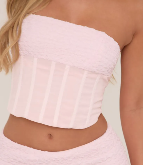 Bandeau Contrast Lace Up Back Corset Top In Pink Texture