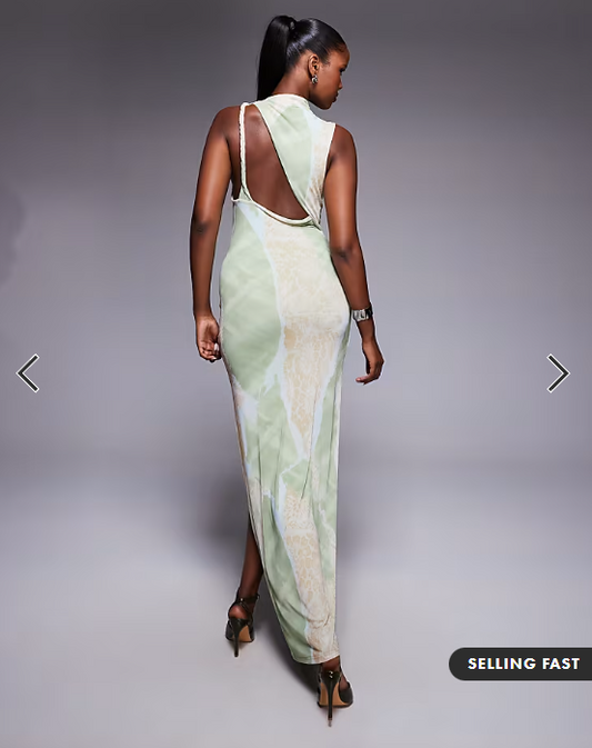 ASOS DESIGN seamed ruched shoulder pad printed mesh midi