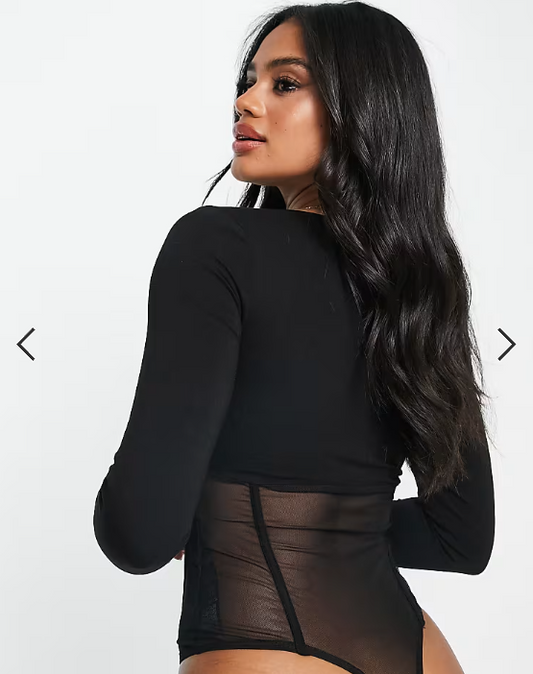 ASOS DESIGN corset style sweetheart neck mesh bodysuit in black