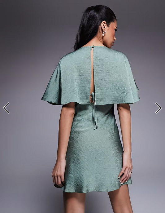 Asos Design - Cape Flutter Detail Mini Satin Dress
