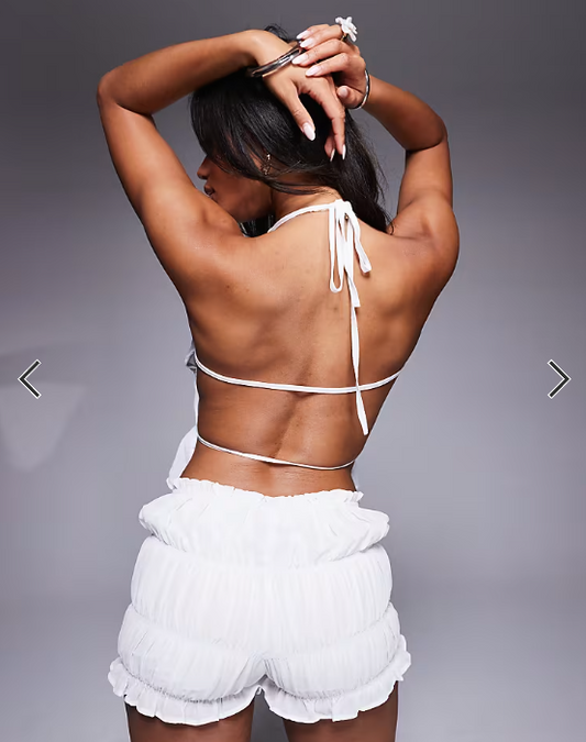 Missyempire ruched ruffle detail halterneck open back top co-ord in white