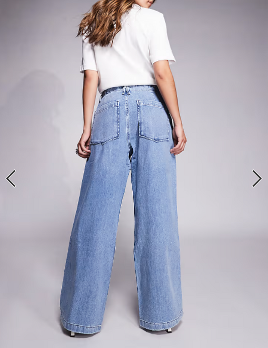 Good American lite linen denim pants in mid blue