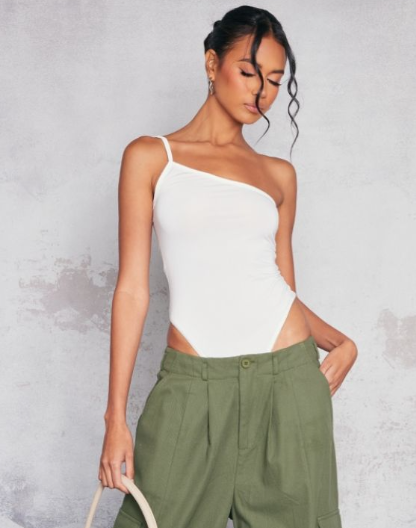Cream Slinky One Strap Asymmetric Bodysuit