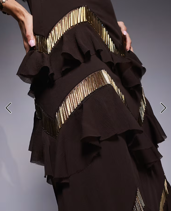 ASOS DESIGN halter neck tiered embellished ruffle maxi dress in chocolate