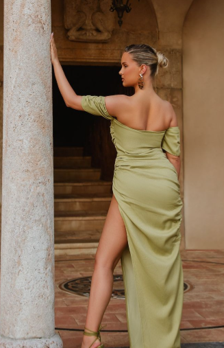 Olive Textured Bardot Underwired Ruched Maxi Dress
