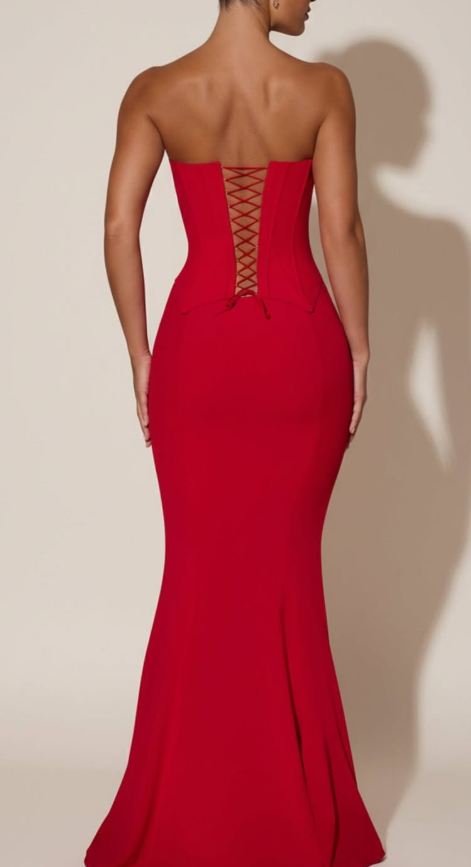 Oh Polly Marceline Lace - Up Corset Fishtail Maxi Dress in Red