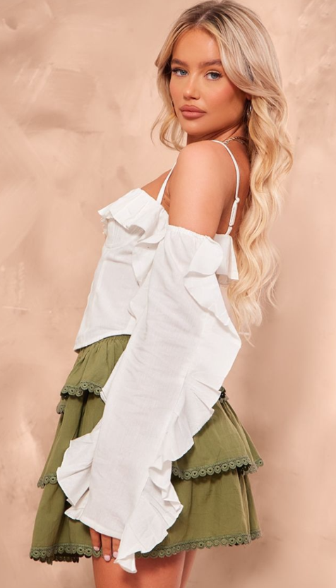 White Linen Look Hook & Eye Frill Sleeve Corset Top