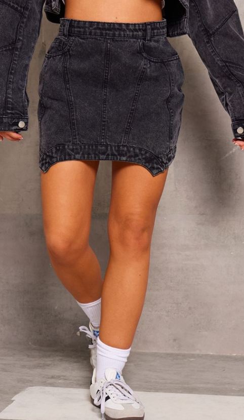 Washed Black Seam Detail Asymmetric Denim Mini Skirt