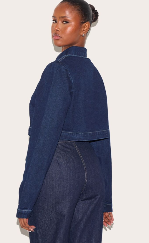 Indigo Contrast Stitch Cropped Long Sleeve Denim Shirt
