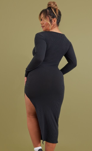 Shape Black Brushed Rib Square Neck Split Side Midi Dress