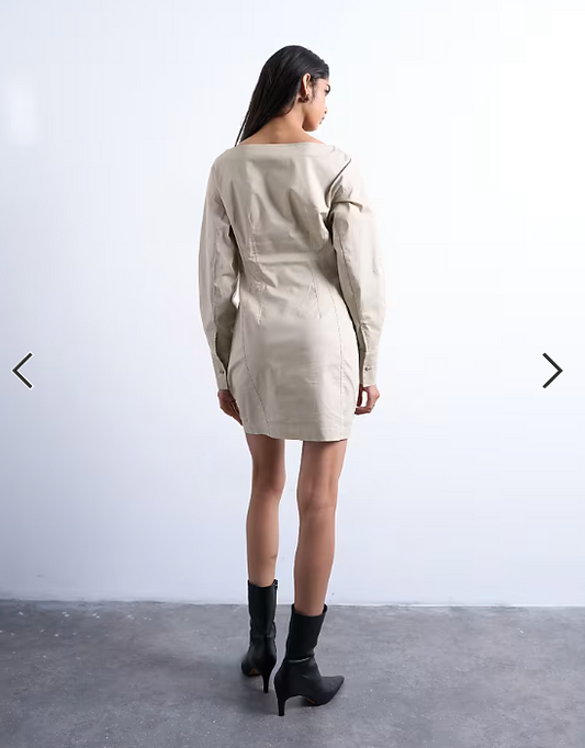Topshop waisted ovoid sleeve slash neck mini dress in taupe