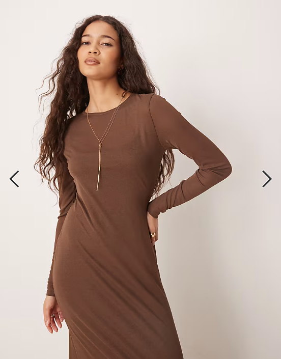 ASOS DESIGN long sleeve sheer double layered midi dress in chocolate