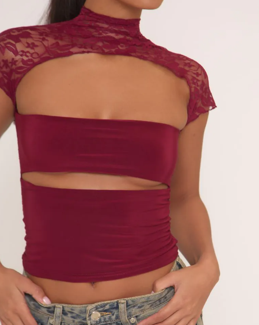 Lace Insert Slinky High Neck Short Sleeve Cut Out Top In Burgundy