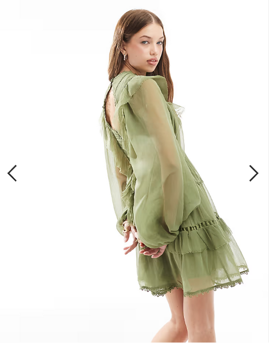 ASOS DESIGN lace insert high neck mini dress with frills in sage green