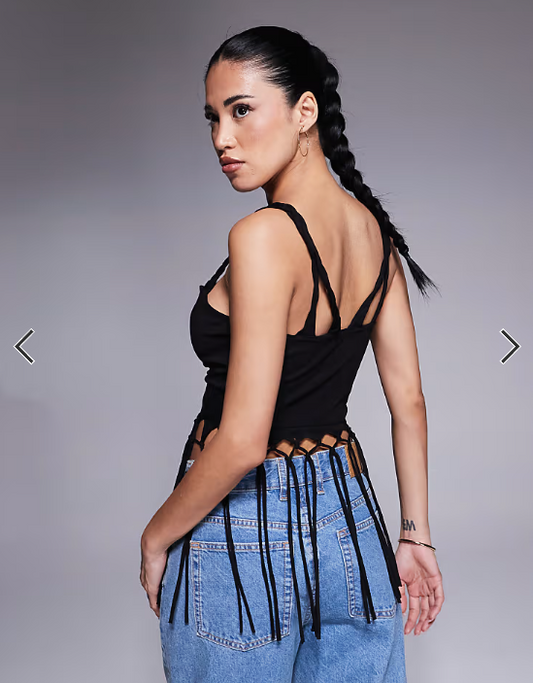 ASOS DESIGN ruched front fringed cami top in black