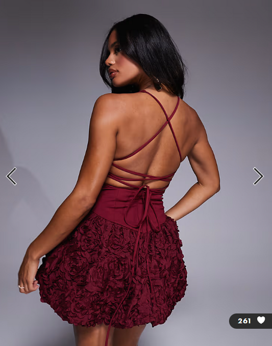 ASOS LUXE 3d flower halter mini dress in dark cherry