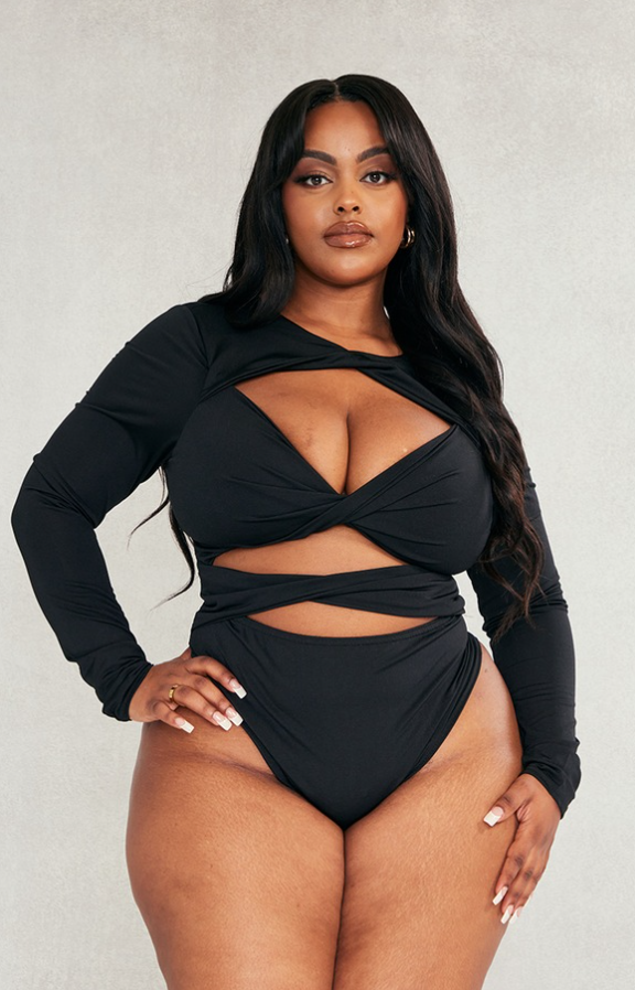 Plus Black Slinky Cut Out Longsleeve Bodysuit