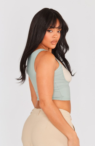 Light Khaki Stretch Woven Cut Out Contrast Bust Crop Top