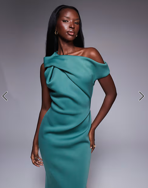 ASOS DESIGN one shoulder drape neck midi dress in teal scuba-style fabric