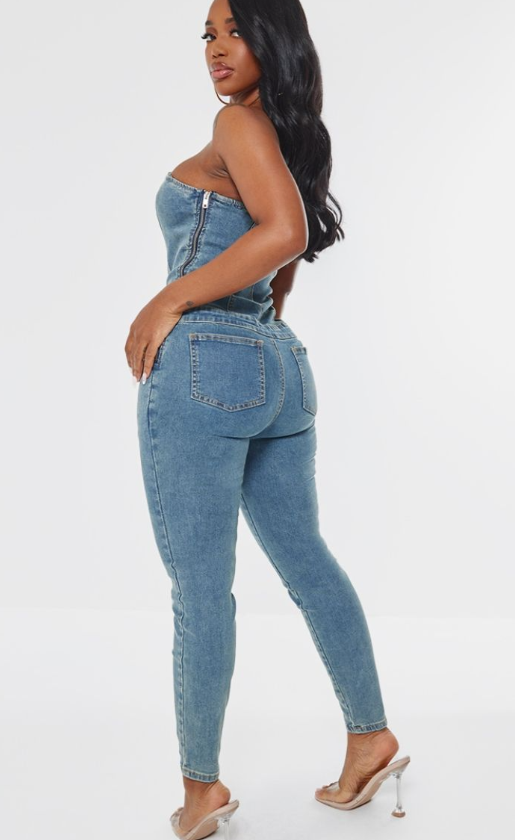 Shape Light Blue Wash Denim Bandeau Lace Up Detail Jumpsuit