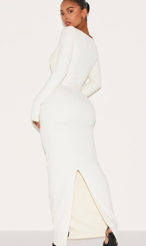 Shape Cream Built In Bra Sculpt Square Neck Long Sleeve Maxi Dress
