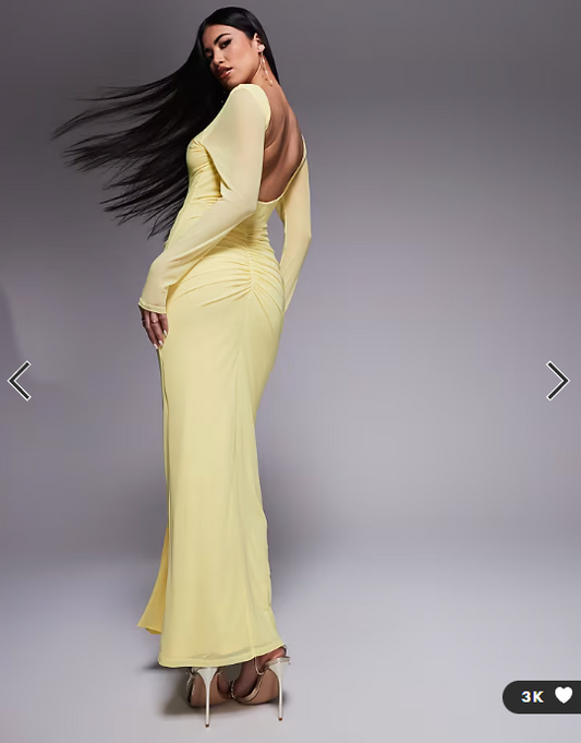ASOS DESIGN mesh long sleeve slash neck open back maxi dress with sash in pastel yellow