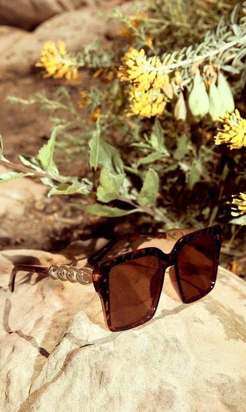 Brown Tort Chain Detail Oversized Square Sunglasses