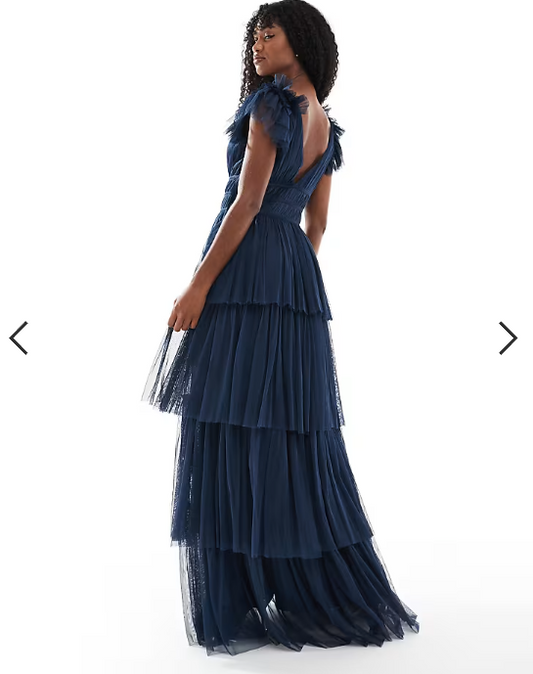 Lace & Beads Bridesmaid ruffle tiered tulle maxi dress in Navy