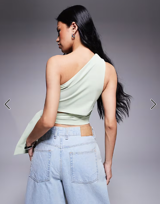 ASOS DESIGN clean one shoulder tie side top in pistachio